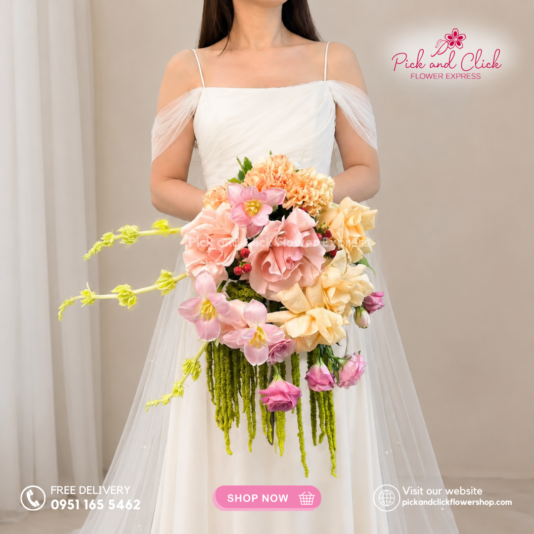 Bridal Bouquet 18 featuring Imported Light Pink Roses, Peach Roses, Pink Tulips, Champagne Carnations, Pink Lisianthus, Berries, Bells of Ireland, and Amaranthus in a romantic wedding bouquet.