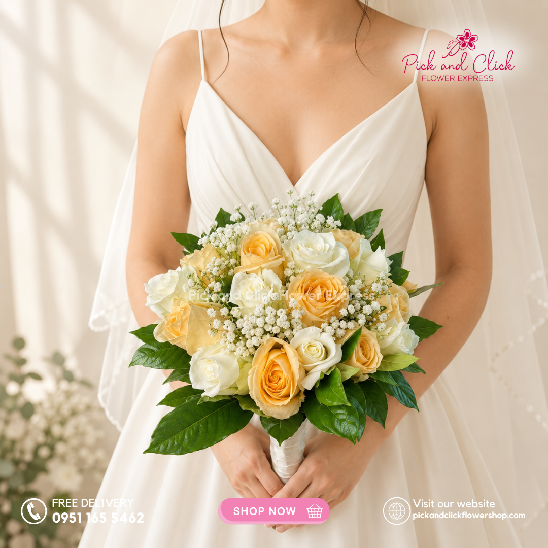 Bridal Bouquet 19 featuring 9 Imported White Roses, 9 Peach Roses, Gypsophila, and Rosal in an elegant white and peach wedding bouquet in the Philippines.
