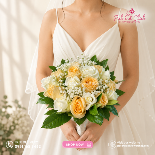 Bridal Bouquet 19 featuring 9 Imported White Roses, 9 Peach Roses, Gypsophila, and Rosal in an elegant white and peach wedding bouquet in the Philippines.