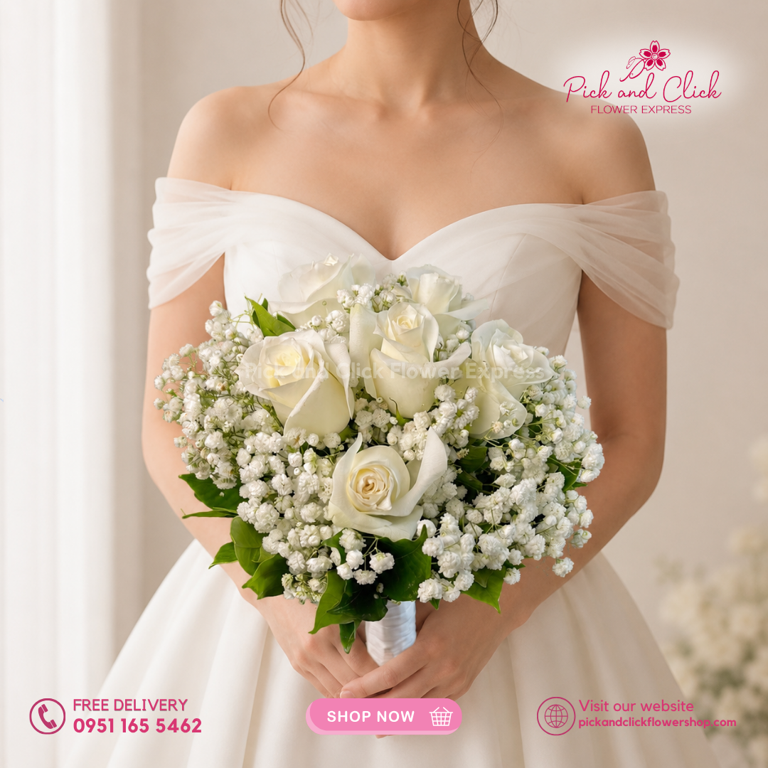 Bridal Bouquet 22 featuring 6 Imported White Roses, Gypsophila, and Rosal in an elegant white and green wedding bouquet in the Philippines.