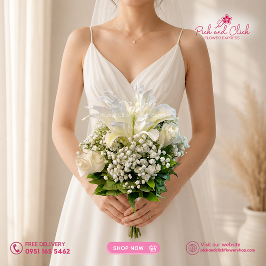 Bridal Bouquet 23 featuring 3 Imported White Roses, 1 Stem Double-Petal White Lily, Gypsophila, and Rosal in an elegant white bridal bouquet in the Philippines.