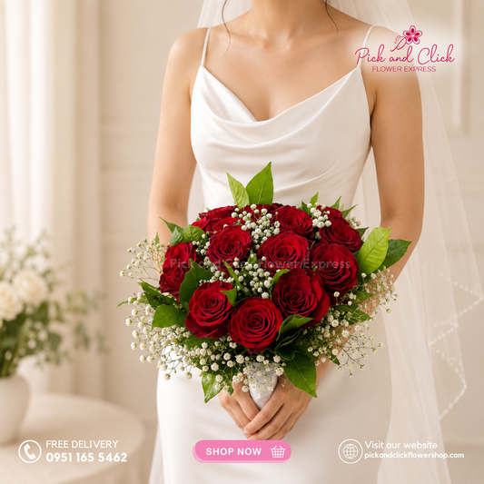 Bridal Bouquet 3 featuring 18 Imported Red Roses with Gypsophila and Rosal in an elegant hand-tied red rose wedding bouquet, perfect for brides, wedding ceremonies, church weddings, bridal photoshoots, and wedding celebrations in Metro Manila, Philippines.