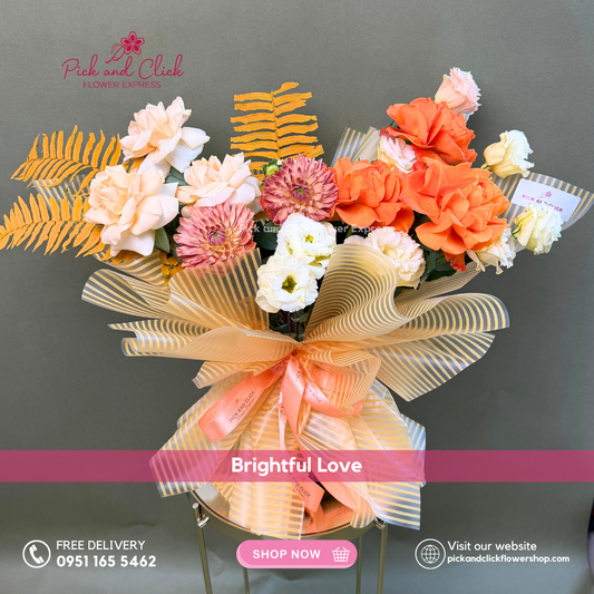 Imported peach and orange roses with dahlia, peach lisianthus, and orange-sprayed pako leaves bouquet – Metro Manila flower delivery