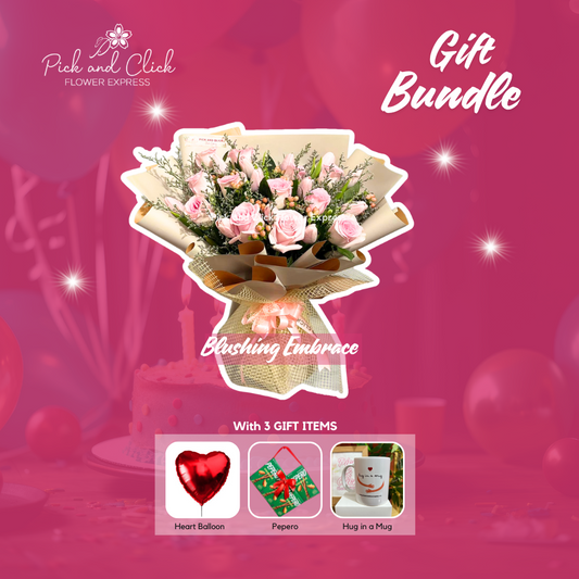 Bouquet of imported light pink roses, tulips, berries, and Misty Blue in two-tone wrap — a delicate and elegant floral gift