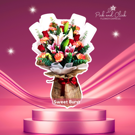 Bouquet of stargazer lilies, two-tone carnations, local roses, and eucalyptus in burlap and white wrap — rustic and elegant floral arrangement