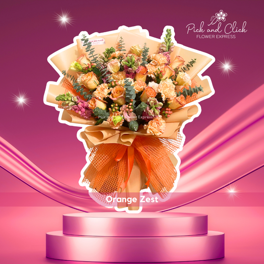 Bouquet with orange China rose, carnation, snapdragon, and eucalyptus in orange wrap and net wrap