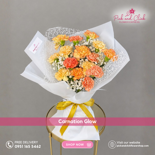 Carnation Glow Bouquet featuring 5 Two-Tone Orange and Yellow Carnations, 5 Orange Carnations, 5 Champagne Carnations, and Gypsophila in a vibrant carnation bouquet in the Philippines.
