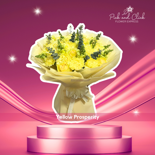 Bouquet of imported yellow roses, yellow carnations, eucalyptus, and snapdragons in yellow wrap — bright and joyful floral arrangement