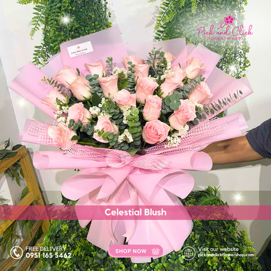 Imported pink rose, statice white, and eucalyptus bouquet in luxury pink wrap