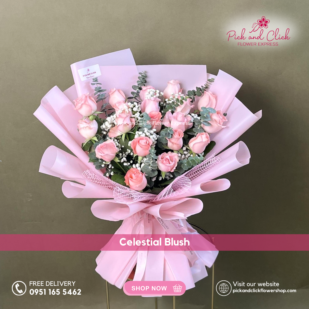 Celestial Blush Bouquet featuring imported pink roses accented with white statice and fresh eucalyptus leaves, a soft and elegant floral arrangement perfect for romantic gifts, birthdays, anniversaries, and special occasions in the Philippines.