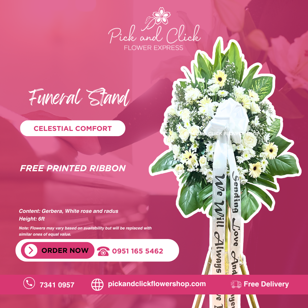 Celestial Comfort Funeral Stand featuring gerbera, white roses, and radus, a graceful and elegant sympathy floral arrangement designed as a respectful tribute for funerals and memorial services in the Philippines.