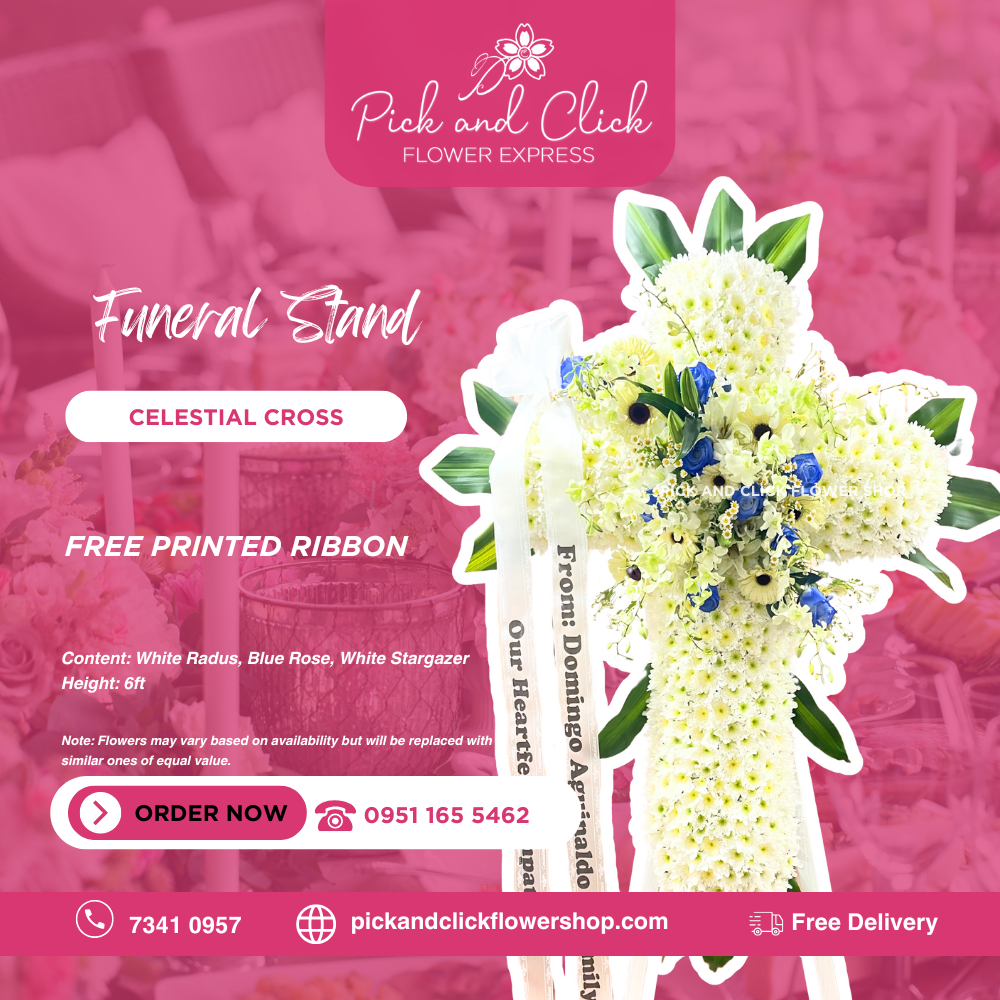 Celestial Cross Funeral Stand featuring blue China roses, white gerbera, orchids, stargazer lilies, egg aster, and fortune leaves, a serene and elegant blue and white sympathy floral arrangement designed as a respectful tribute for funerals and memorial services in the Philippines.