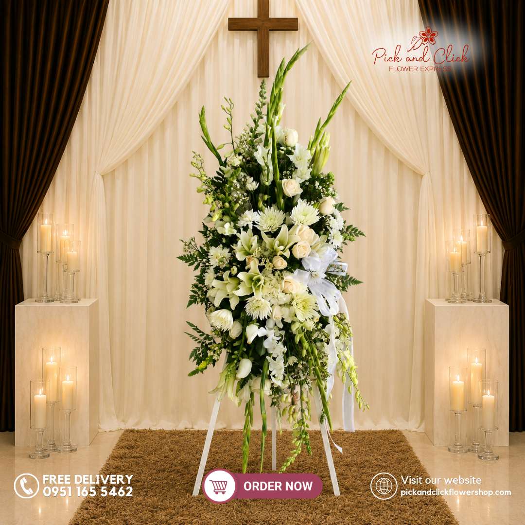 Celestial Honor Funeral Stand featuring Imported White Roses, White Stargazers, Orchids, Wax Flowers, White Gimba, and Gladiola in an elegant funeral tribute in the Philippines.