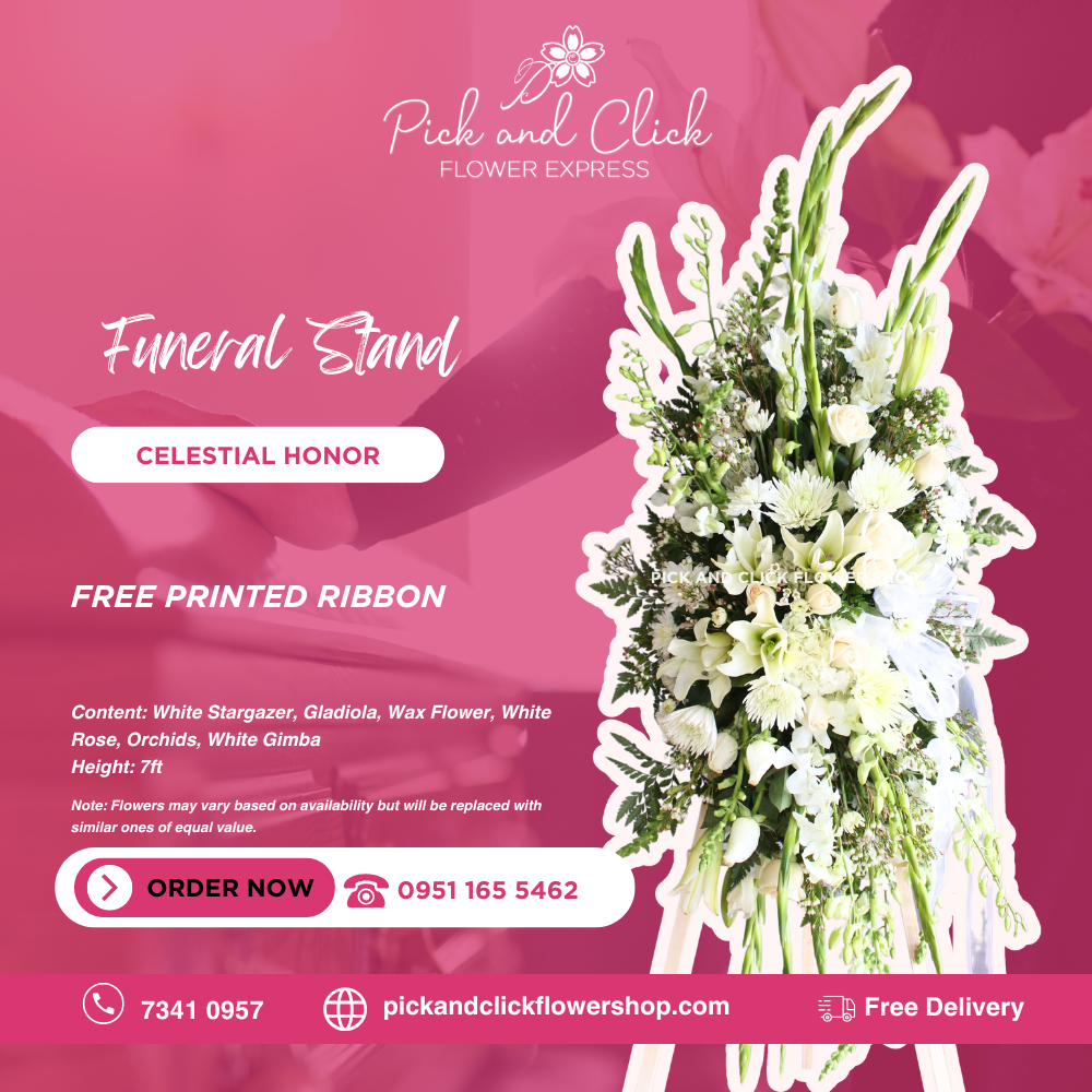 Celestial Honor Funeral Stand featuring white stargazer lilies, gladiolus, wax flowers, white roses, orchids, and white gimba, a serene and elegant all white sympathy floral arrangement designed as a respectful tribute for funerals and memorial services in the Philippines.