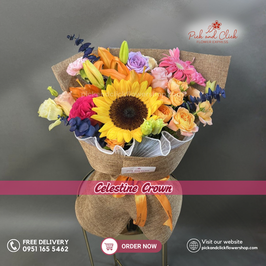 Celestine Crown Thumbelina featuring a colorful mix of fresh flowers arranged in a charming petite floral design, a vibrant and elegant arrangement perfect for birthdays, celebrations, thank you gifts, and special occasions in the Philippines.