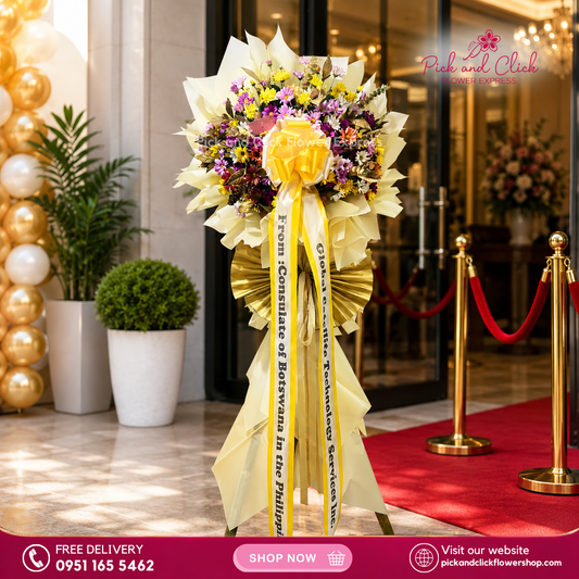 Champagne Luck Opening Stand featuring assorted mums arranged in a full and elegant floral display, a vibrant and festive arrangement perfect for grand openings, business launches, and special events in the Philippines.