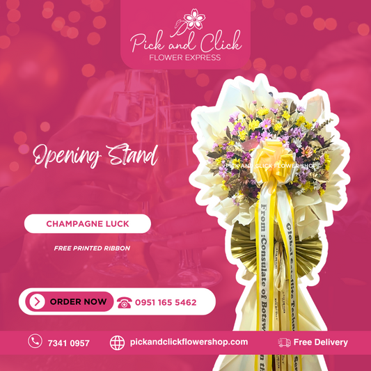 Assorted mums stand bouquet with white and gold wrap and yellow and white custom-printed ribbon