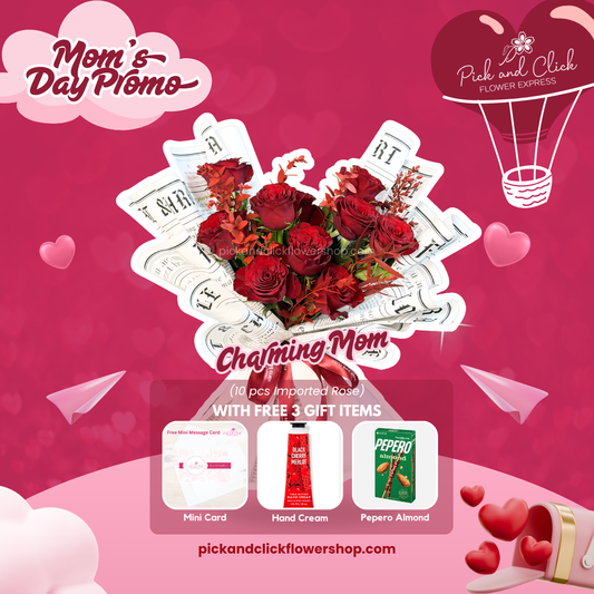 Charming Mom bouquet featuring 10 imported red roses with red-sprayed parvi leaves and free mini card, hand cream, and Pepero Almond for a thoughtful Mother’s Day gift