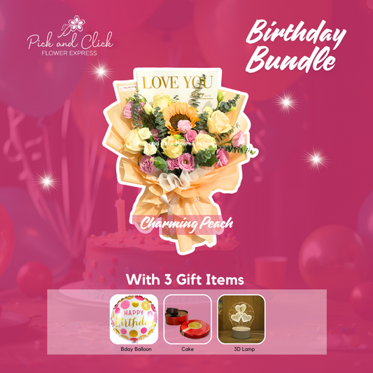 Bouquet of sunflower, imported peach roses, lisianthus, and eucalyptus in printed “I Love You” wrap — a romantic and vibrant floral gift