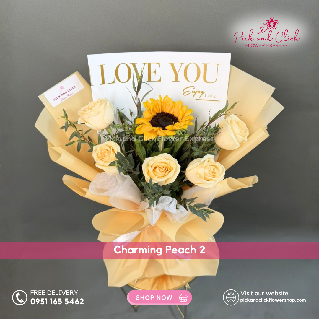 Charming Peach 2 bouquet featuring five peach roses, a sunflower, and parvi leaves arranged in a cheerful hand bouquet.