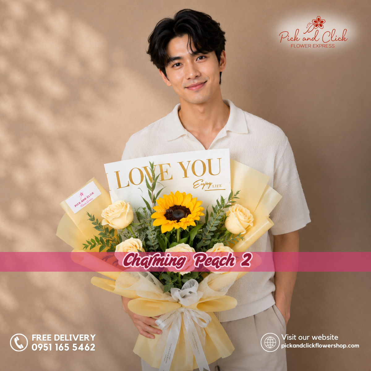 Charming Peach 2 Bouquet featuring 5 peach roses, a sunflower, and fresh parvi leaves, arranged in an elegant floral design with soft peach, sunny yellow, and fresh green accents, a cheerful and charming bouquet perfect for birthdays, congratulations, celebrations, and special occasions in the Philippines.