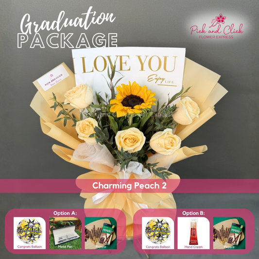 Charming Peach 2 Grad Pack featuring 5 fresh peach roses, 1 sunflower, and fresh parvi leaves, arranged with graduation gift add ons, a warm and cheerful floral arrangement perfect for graduation ceremonies, achievements, and memorable celebrations in the Philippines.