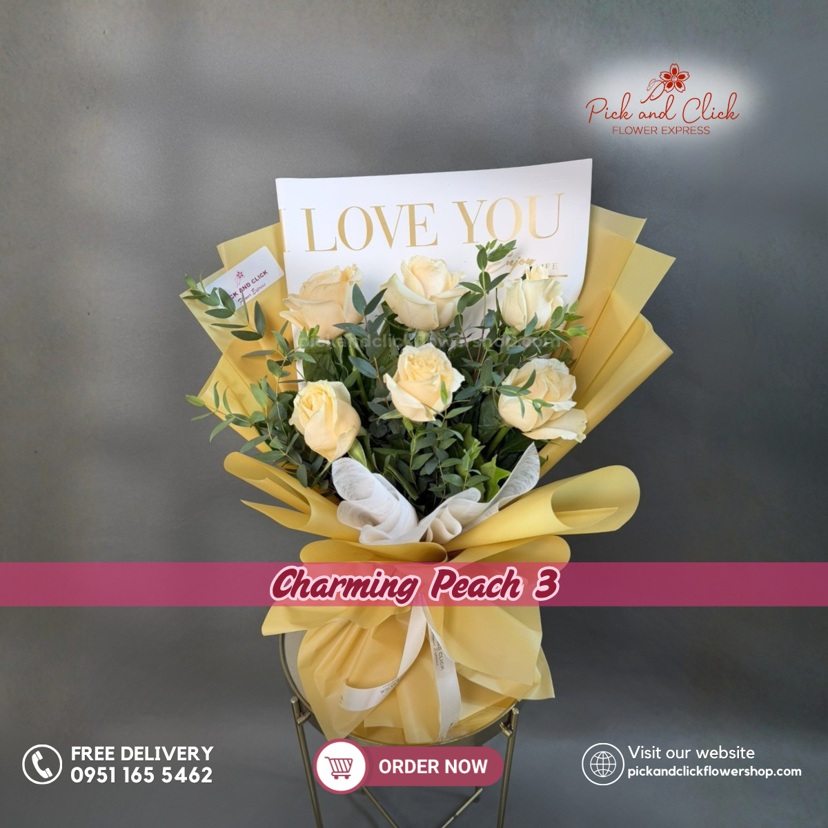 Charming Peach 3 Bouquet featuring 6 peach roses accented with fresh parvi leaves, arranged in an elegant floral design, a warm and charming bouquet perfect for birthdays, anniversaries, celebrations, and special occasions in the Philippines.