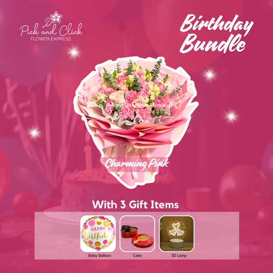 Bouquet of imported light pink roses, pink carnations, snapdragons, and eucalyptus in soft pink wrap — a delicate and elegant floral gift