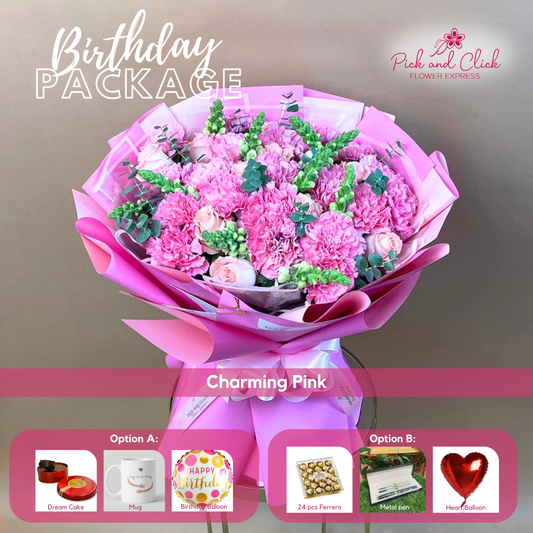 Charming Pink bouquet featuring imported light pink roses, hot pink carnations, and snapdragons arranged in a festive birthday gift package with optional add ons.