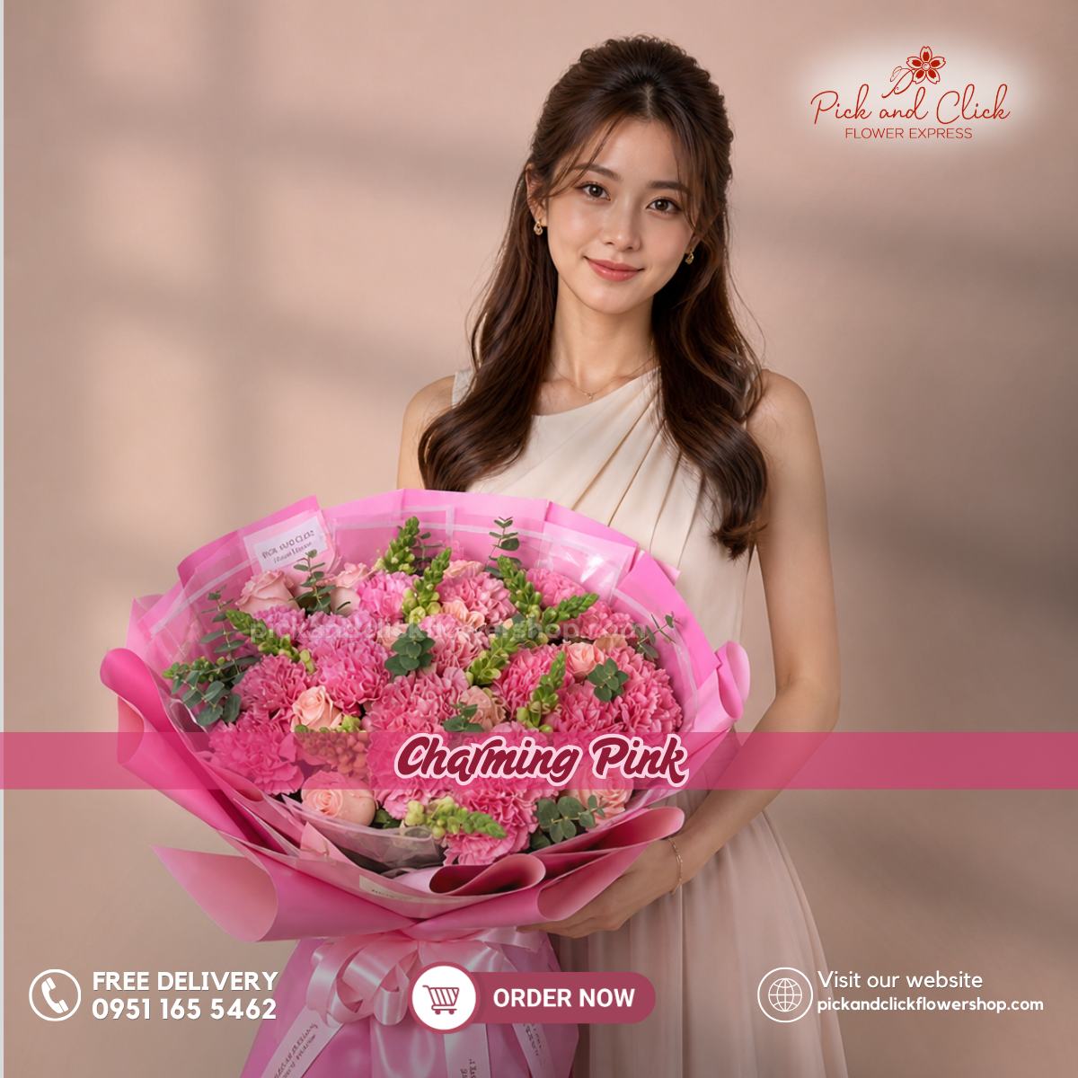 Charming Pink Bouquet featuring imported light pink roses, hot pink carnations, and snapdragons, arranged in an elegant floral design with soft pink and vibrant hot pink tones, a graceful and cheerful bouquet perfect for birthdays, anniversaries, Mother's Day, celebrations, and special occasions in the Philippines.