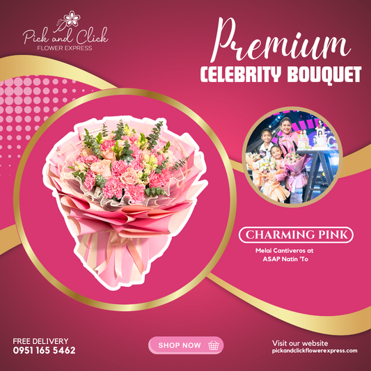 Charming Pink Bouquet featuring pink carnations and pink roses arranged in a soft and elegant floral design, a romantic and charming bouquet perfect for birthdays, anniversaries, and special occasions in the Philippines.