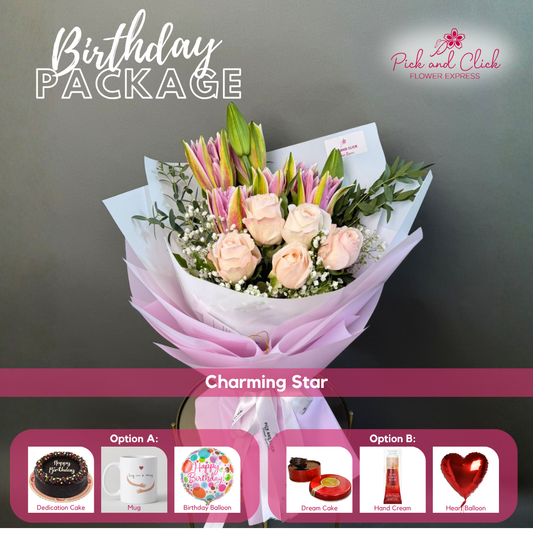Charming Star Birthday Package featuring 5 pink roses, 2 stems of double-petal pink stargazers, gypsophila, and parvi leaves with a birthday cake and gift options.