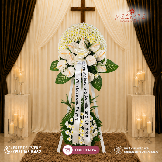 Cherished Funeral Stand featuring Anthurium, Radus, Dieffenbachia, Anahaw, and White Corn Leaves in an elegant white and green funeral floral arrangement in the Philippines.