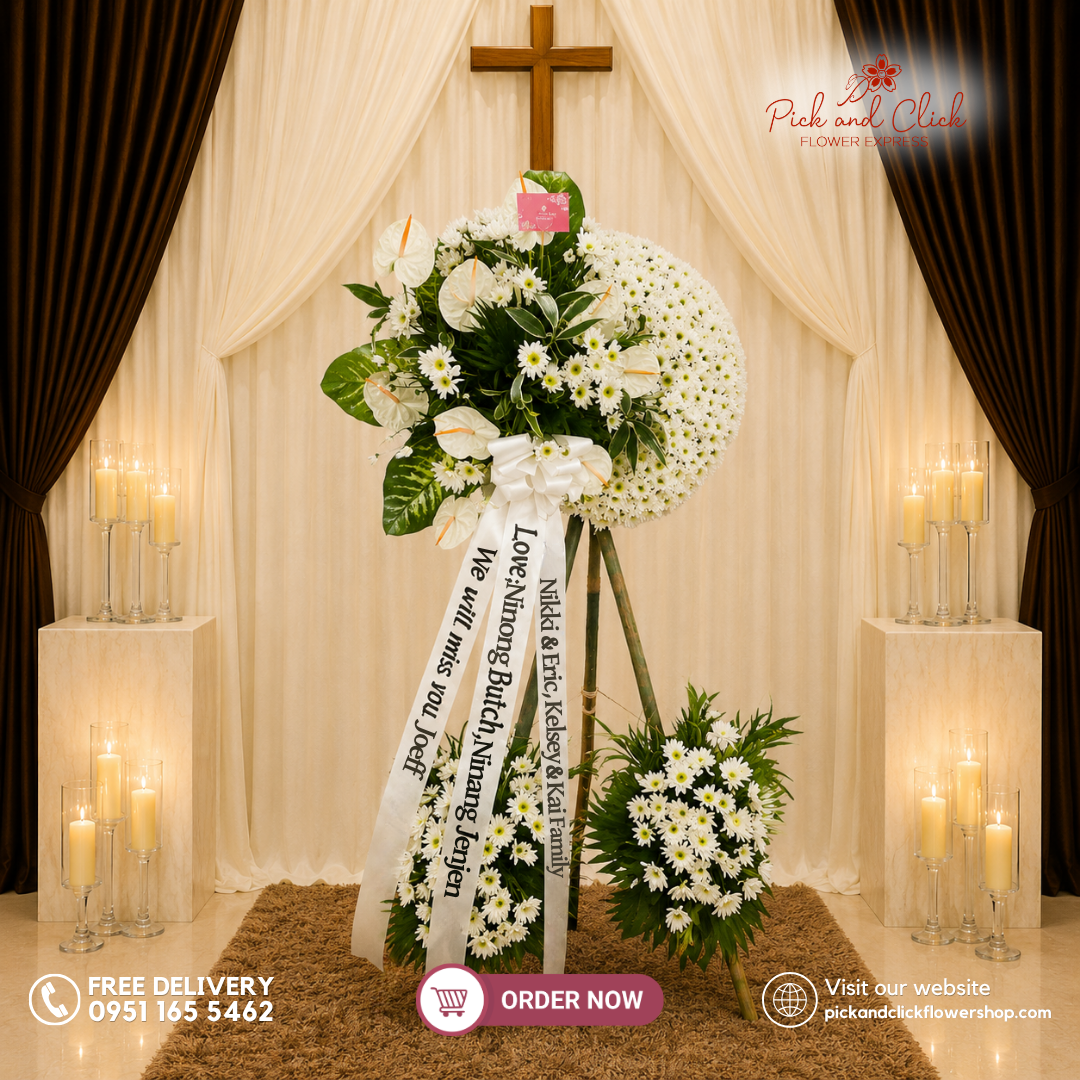 Cherished Moment Funeral Stand featuring Anthurium, Radus, Anahaw, Korean Dracaena, and Dieffenbachia in a lush tropical-inspired funeral tribute in the Philippines.