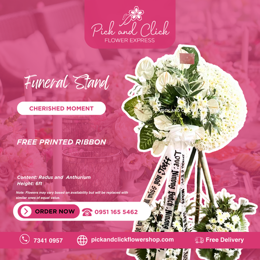 Cherished Moment Funeral Stand featuring radus and anthurium, a serene and elegant sympathy floral arrangement designed as a respectful tribute for funerals and memorial services in the Philippines.