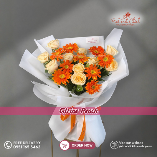 Citrine Peach Bouquet featuring 10 peach roses and 10 orange gerberas in a vibrant floral arrangement.