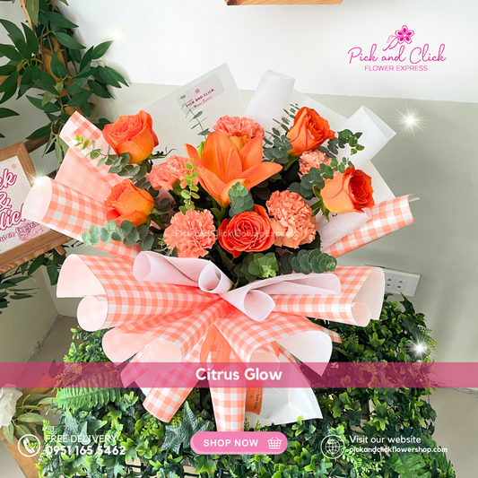 A vibrant bouquet of orange roses, carnations, and stargazers – perfect for birthdays, anniversaries, or grand celebrations. Order now with free flower delivery in Metro Manila.