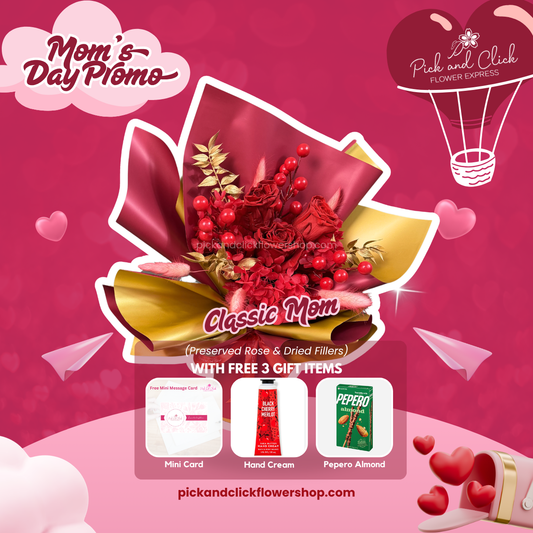 Classic Mom bouquet featuring preserved roses and dried fillers with free mini card, hand cream, and Pepero Almond as a long lasting Mother’s Day gift.