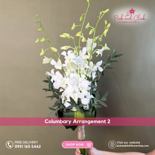 Elegant columbary arrangement with white orchids, parvi leaves, and fortune leaves – Metro Manila flower delivery