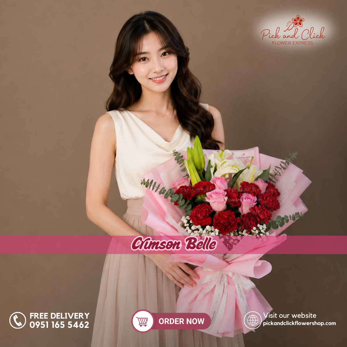 Crimson Belle Bouquet featuring 5 imported light pink roses, 10 red carnations, 2 stems of white lilies, delicate gypsophila, and fresh eucalyptus, arranged in an elegant floral design with crimson red, soft pink, pure white, and fresh green accents, a luxurious bouquet perfect for birthdays, anniversaries, romantic gifts, and special occasions in the Philippines.