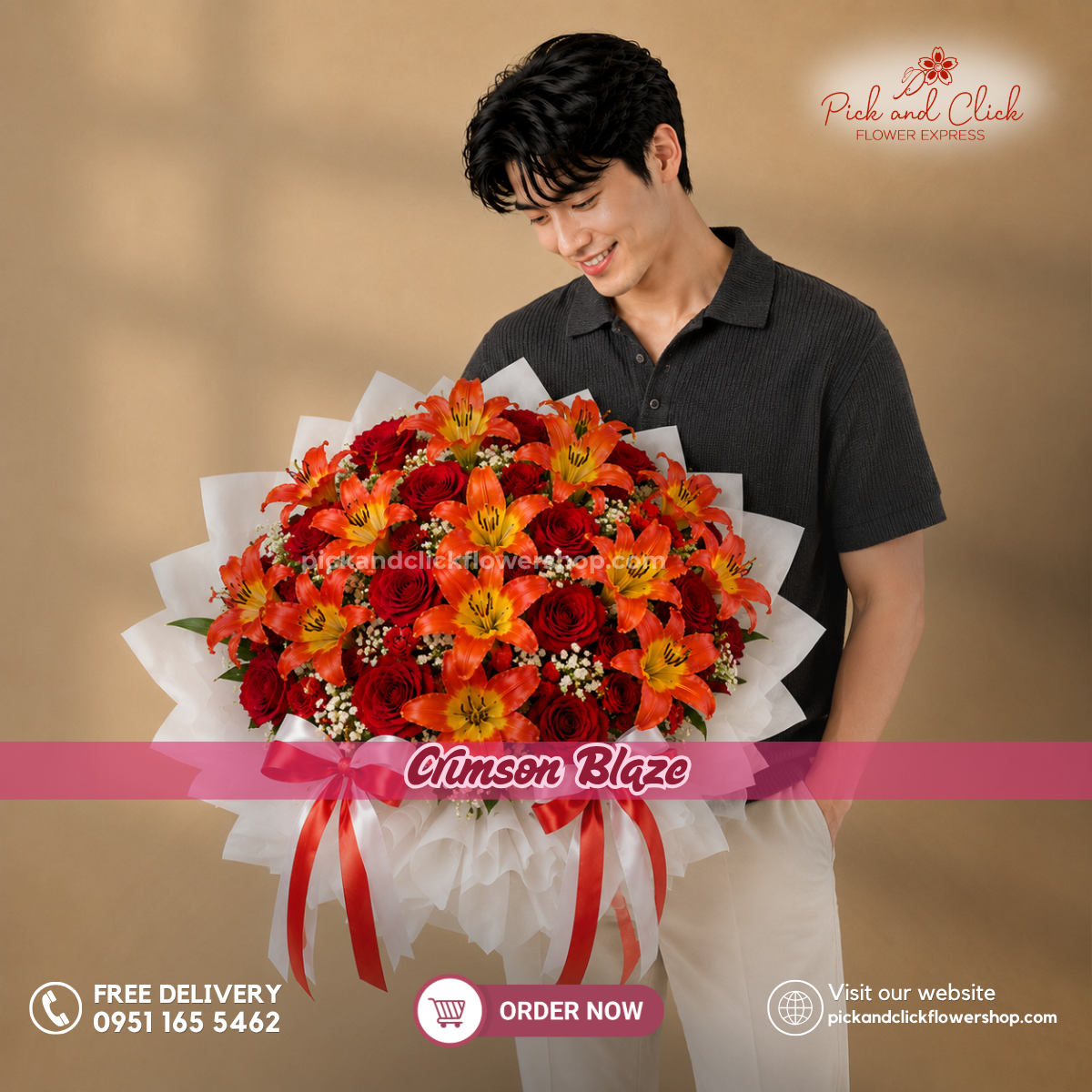 Crimson Blaze Bouquet featuring 15 premium Ecuadorian roses, 15 red tulips, and delicate gypsophila, arranged in an elegant floral design with deep red blooms and fresh green accents, a luxurious and romantic bouquet perfect for anniversaries, Valentine's Day, proposals, birthdays, and special occasions in the Philippines.