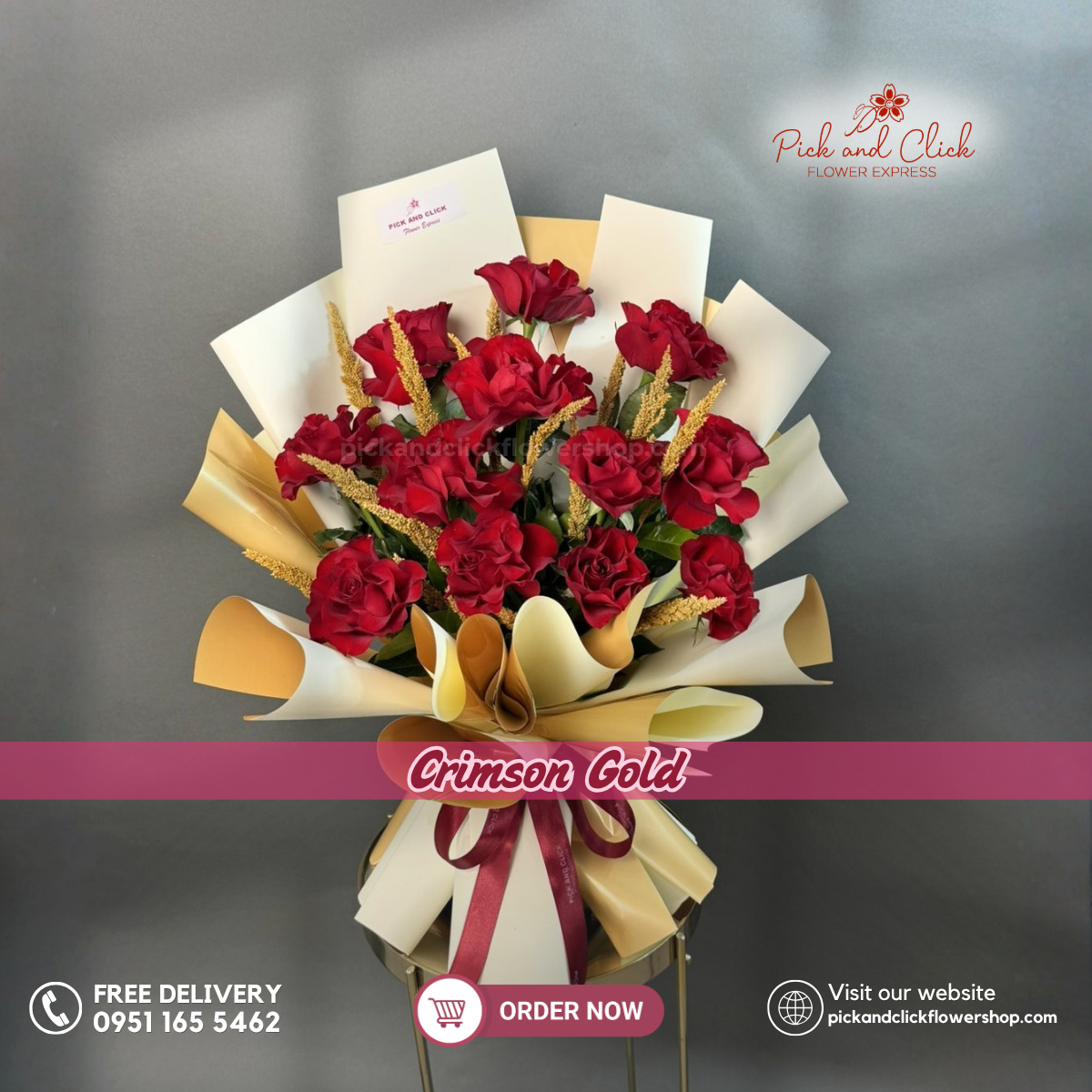 Crimson Gold bouquet featuring 12 imported red roses with trigo in an elegant romantic floral arrangement.