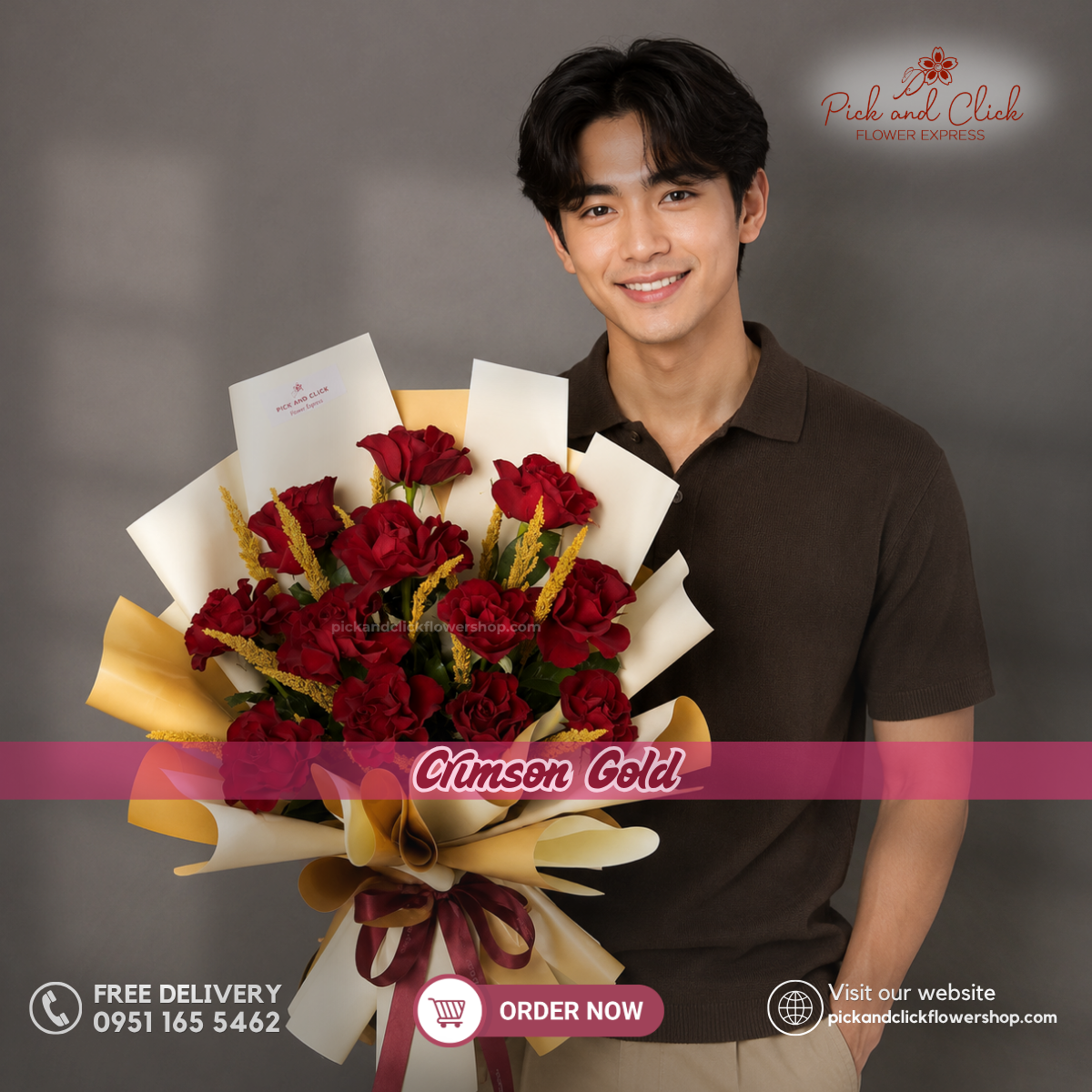 Crimson Gold Bouquet featuring 12 imported red roses accented with natural trigo, arranged in an elegant floral design with deep crimson red tones and natural golden accents, a luxurious bouquet perfect for anniversaries, proposals, Valentine's Day, birthdays, and special occasions in the Philippines.