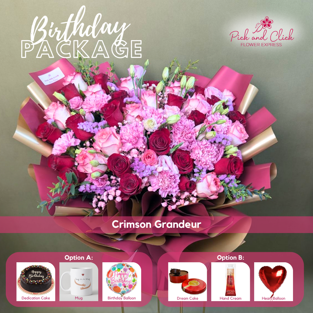 Crimson Grandeur Birthday Package featuring red roses, two-tone pink roses, hot pink carnations, pink lisianthus, pink statice, pink-sprayed gypsophila, and parvi leaves with birthday gift options.