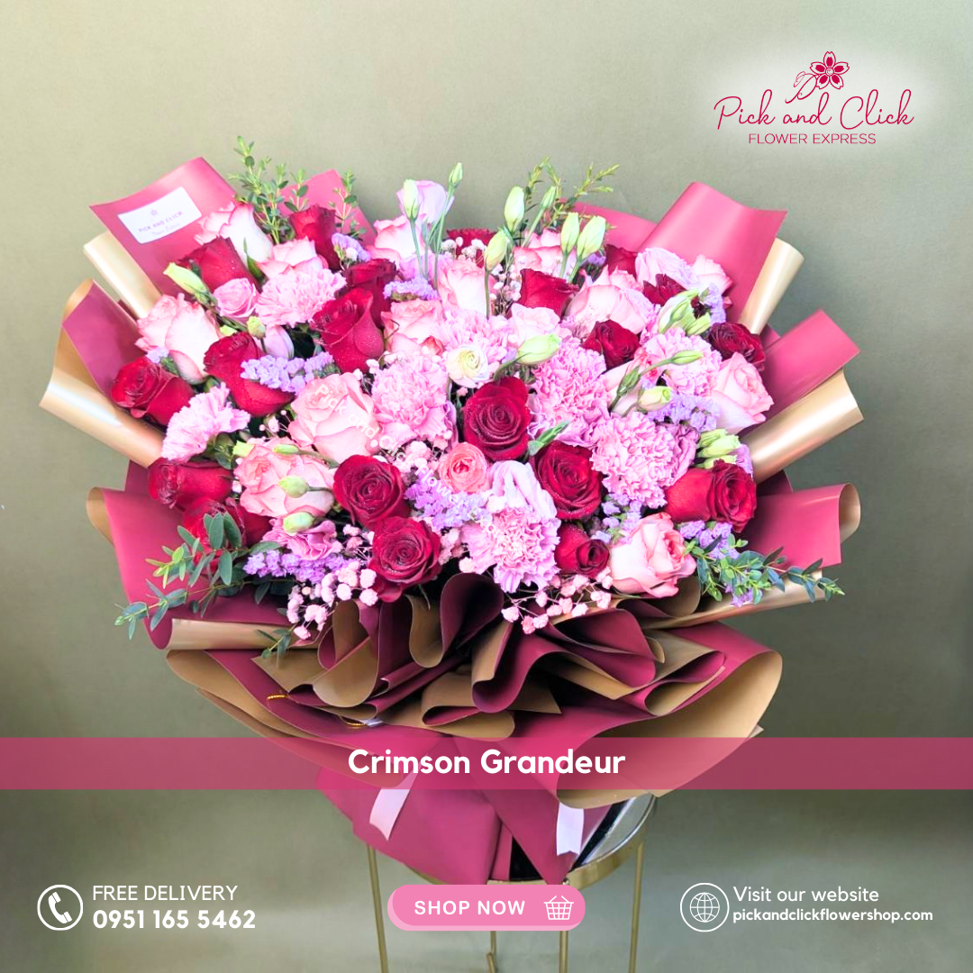 Crimson Grandeur Bouquet featuring two tone pink and red roses, hot pink carnations, pink lisianthus, statice, pink sprayed gypsophila, and fresh parvi leaves, a rich and luxurious floral arrangement perfect for romantic gifts, birthdays, anniversaries, and special occasions in the Philippines.