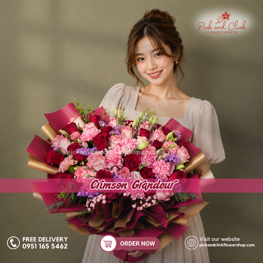 Crimson Grandeur Bouquet featuring two tone pink and red roses, hot pink carnations, pink lisianthus, pink statice, pink sprayed gypsophila, and fresh parvi leaves, arranged in an elegant floral design with red, hot pink, and soft pink tones, a luxurious bouquet perfect for anniversaries, birthdays, Valentine's Day, Mother's Day, and special occasions in the Philippines.