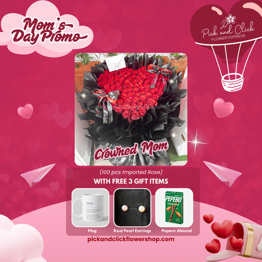 Large imported red rose bouquet in black wrap with included freebies — a bold and elegant floral gift for your crowned mom