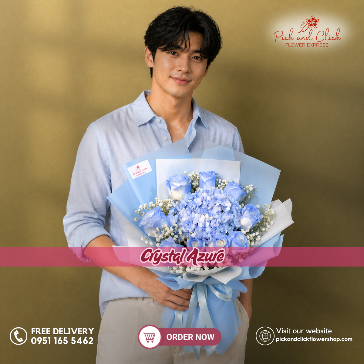 Crystal Azure Bouquet featuring blue sprayed imported white roses, blue sprayed hydrangea, and delicate gypsophila, arranged in an elegant floral design with soft blue and white tones, a luxurious bouquet perfect for birthdays, anniversaries, weddings, celebrations, and special occasions in the Philippines.
