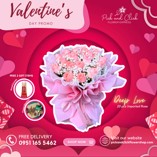Deep Love bouquet featuring light pink roses and gypsophila, presented with free hand cream and Pepero for a soft, romantic gift.