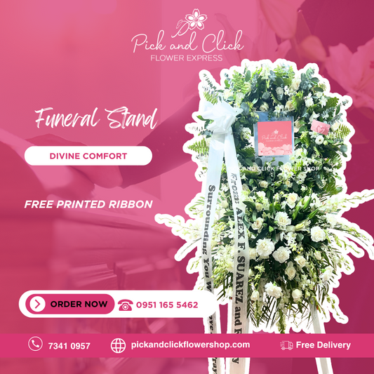 Funeral stand bouquet with imported white rose, wonder white, orchids, snapdragon, and palm leaves